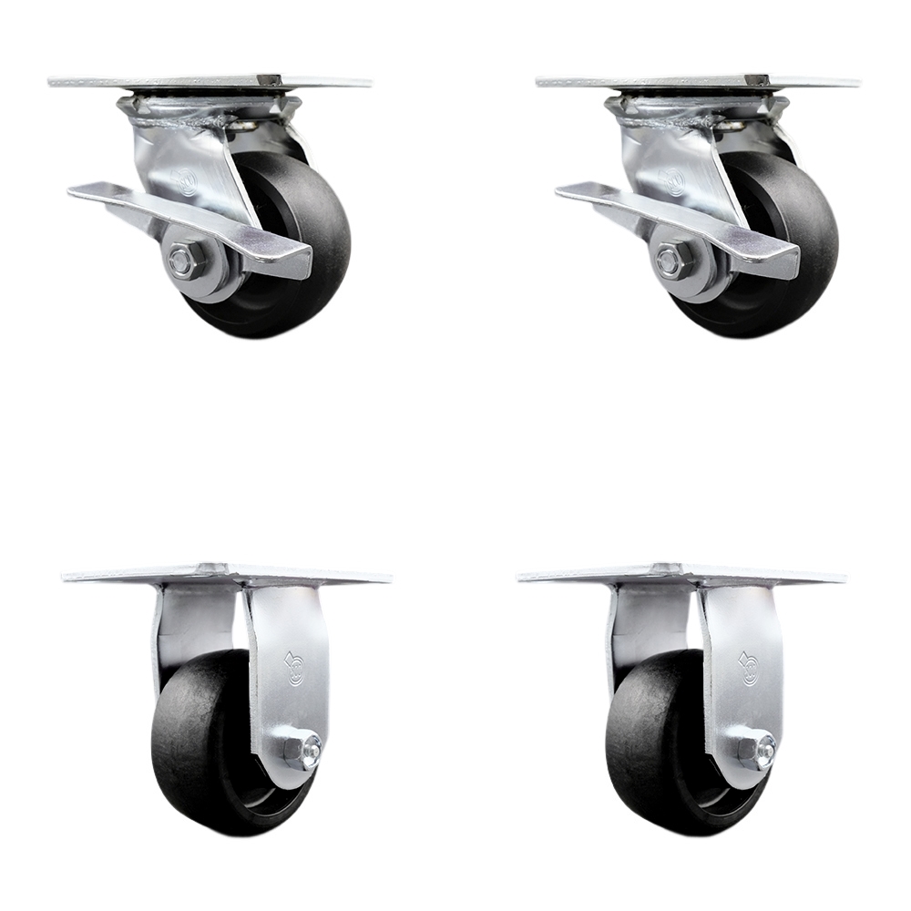 Heavy Duty Large Top Plate Glass Filled Nylon Swivel Caster Set of 4 w/4" x 2" Black Wheels - Includes 2 Swivel with Brakes & 2 Rigid - 4800 lbs Total Capacity - Service Caster Brand — photo 1