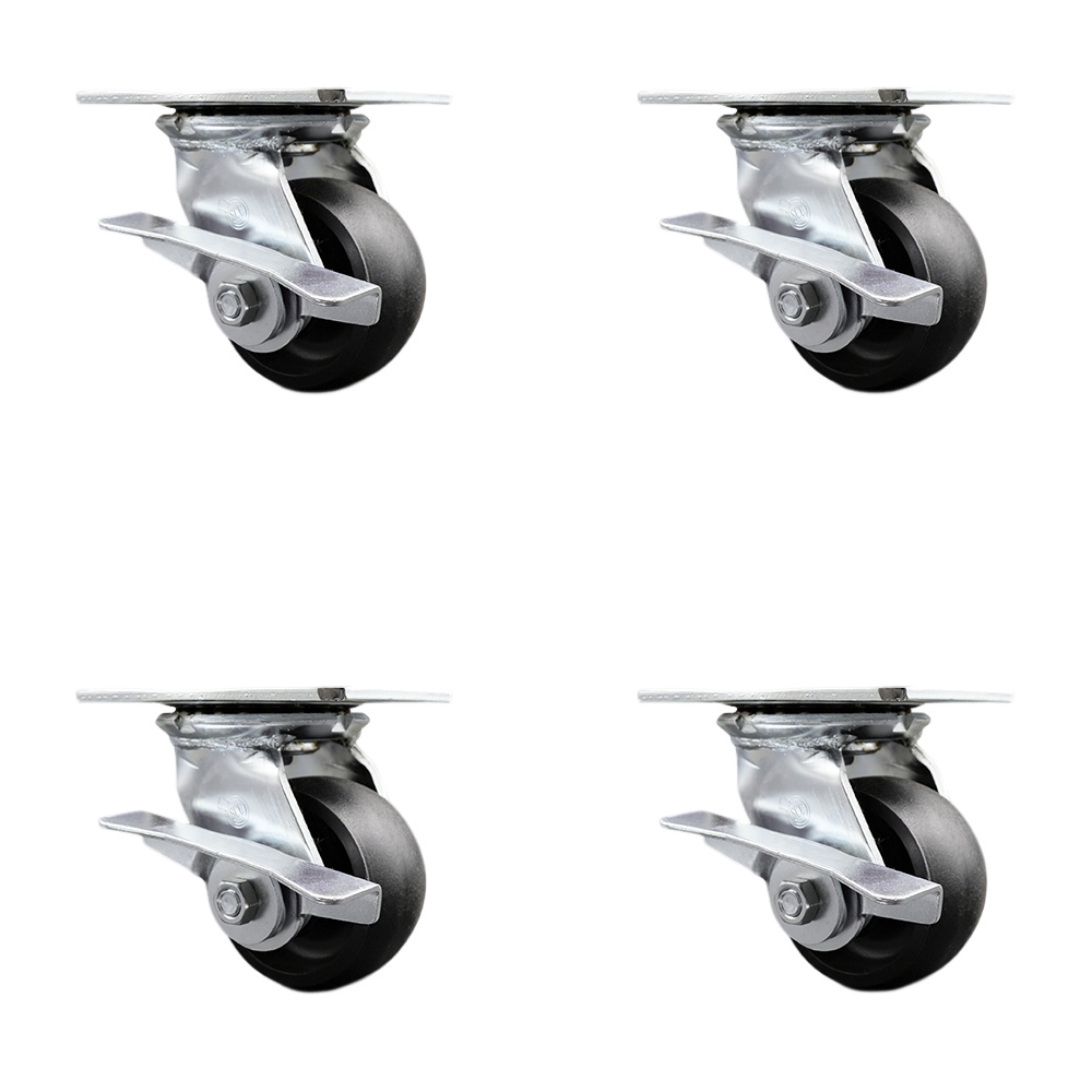 Heavy Duty Large Top Plate Glass Filled Nylon Swivel Caster w/Main. Free Bearings Set of 4 w/4" x 2" Black Wheels - Includes 4 Swivel w/Side Lock Brakes - 4800lbs Total Cpty - Service Caster Brand — photo 1