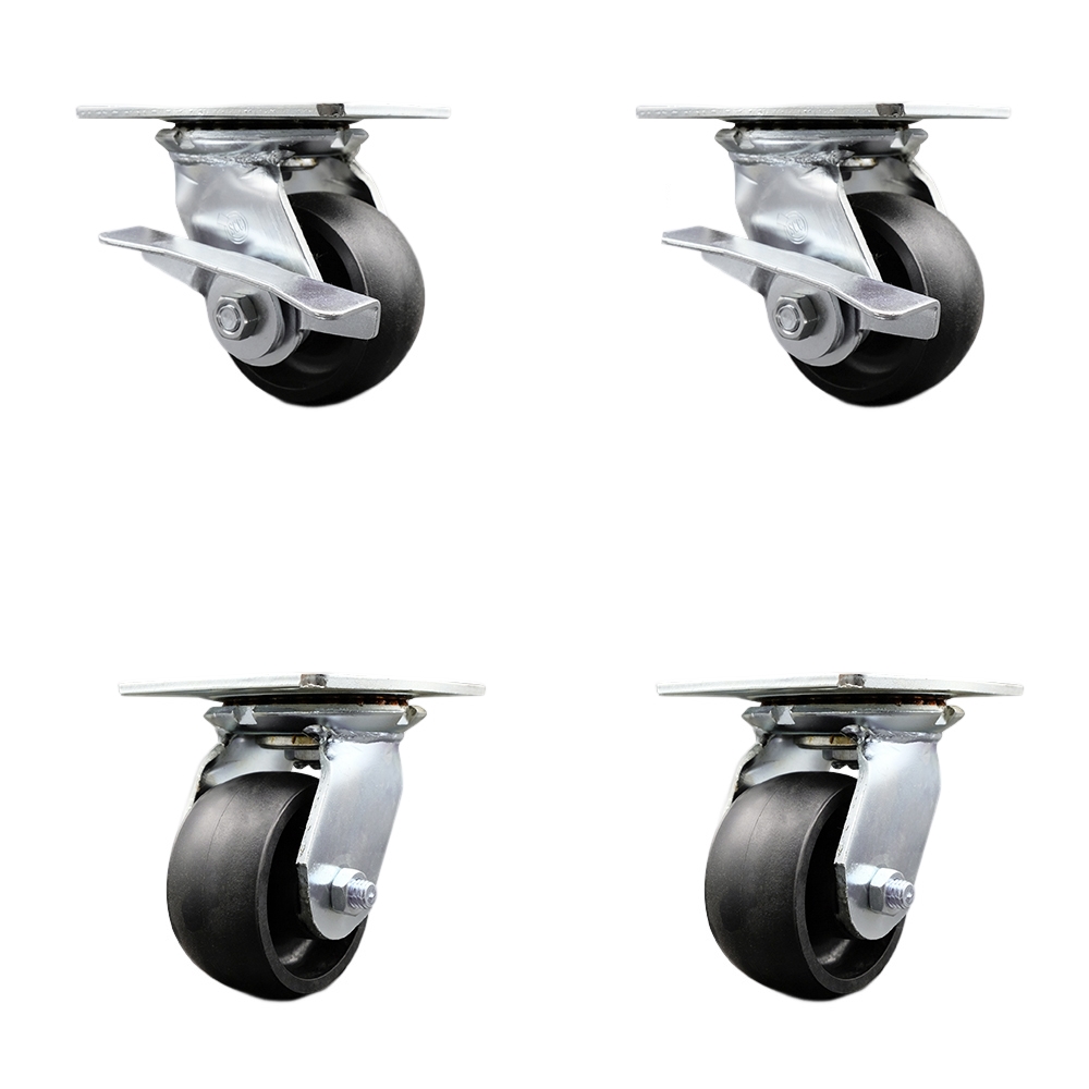 Heavy Duty Large Top Plate Glass Filled Nylon Swvl Caster Set 4 w/4" x 2" Black Wheels-Includes 2 Swvl w/BRKs and Bolt on Swvl Lcks& 2 Swvl w/Bolt on Swvl Lcks-4800lbs Total Cpty- Service Caster Brand — photo 1