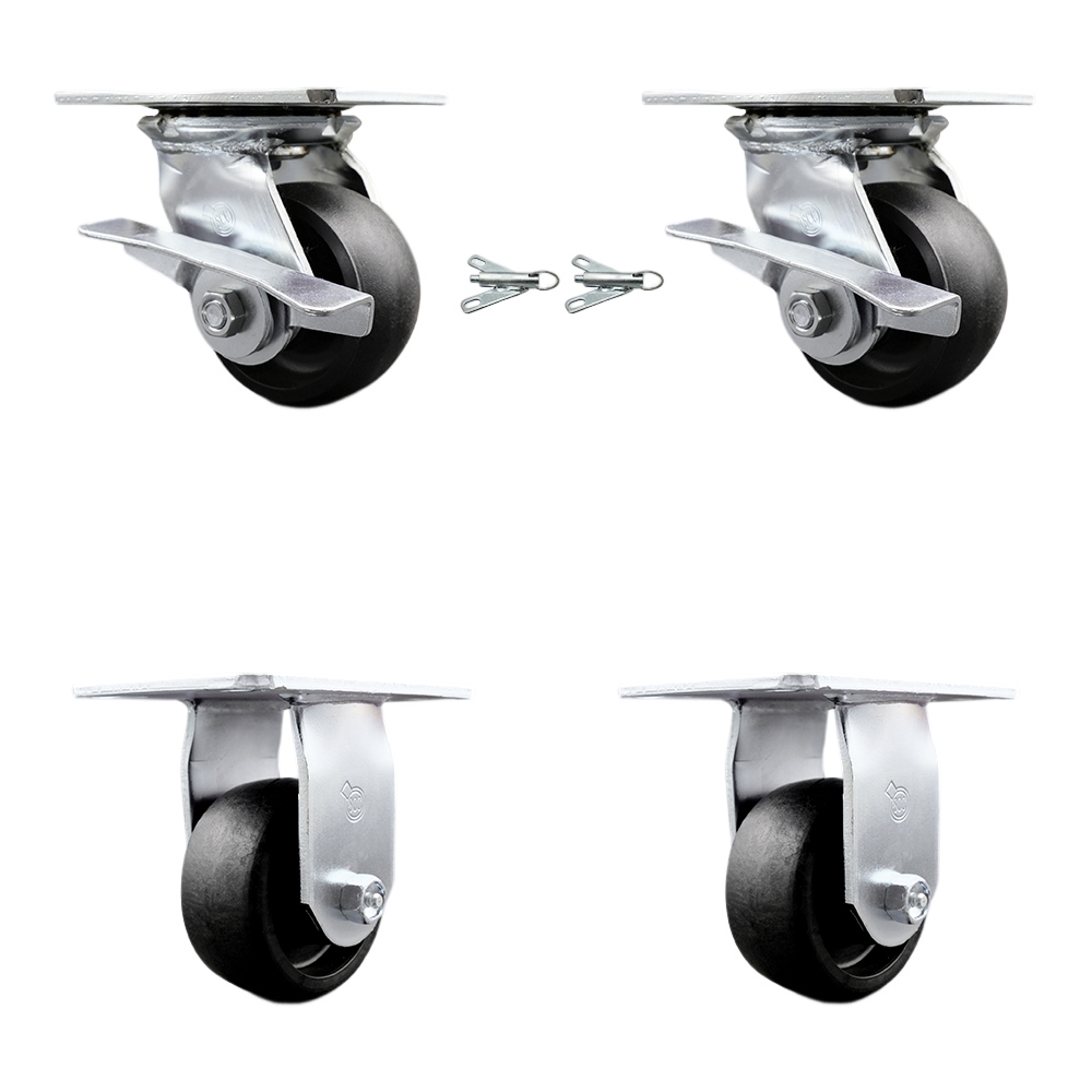 Heavy Duty Large Top Plate Glass Filled Nylon Swivel Caster Set of 4 w/4" x 2" Black Wheels - Includes 2 Swivel with Brakes and Bolt on Swivel Locks & 2 Rigid-4800lbs Total Cpty - Service Caster Brand — photo 1