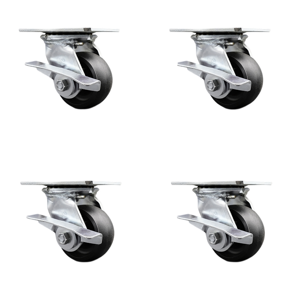 Heavy Duty Large Top Plate Glass Filled Nylon Swivel Caster Set 4 w/4" x 2" Black Wheels-Includes 2 Swivel with Brakes and Bolt on Swvl Lcks&2 Swvl with Brakes-4800 lbs Total Cpty-Service Caster Brand — photo 1