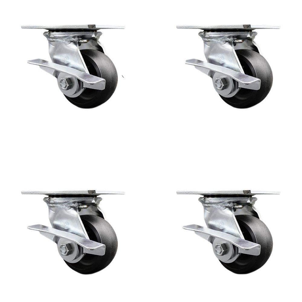 Heavy Duty Large Top Plate Glass Filled Nylon Swivel Caster w/Main. Free Bearings Set 4 w/4" x 2" Black Wheels-Includes 4 Swvl w/Side Lck Brake&Bolt on Swvl Lck-4800lbs Total Cpty-Service Caster Brand — photo 1