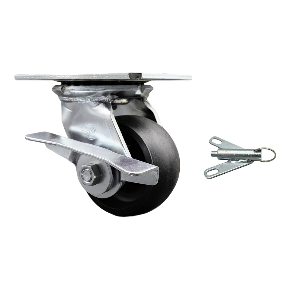 Heavy Duty Large Top Plate Glass Filled Nylon Swivel Caster w/Main. Free Bearings and 4" x 2" Black Wheel & Side Lck Brake and Bolt on Swivel Lock - 1200 lbs Capacity/Caster - Service Caster Brand — photo 1