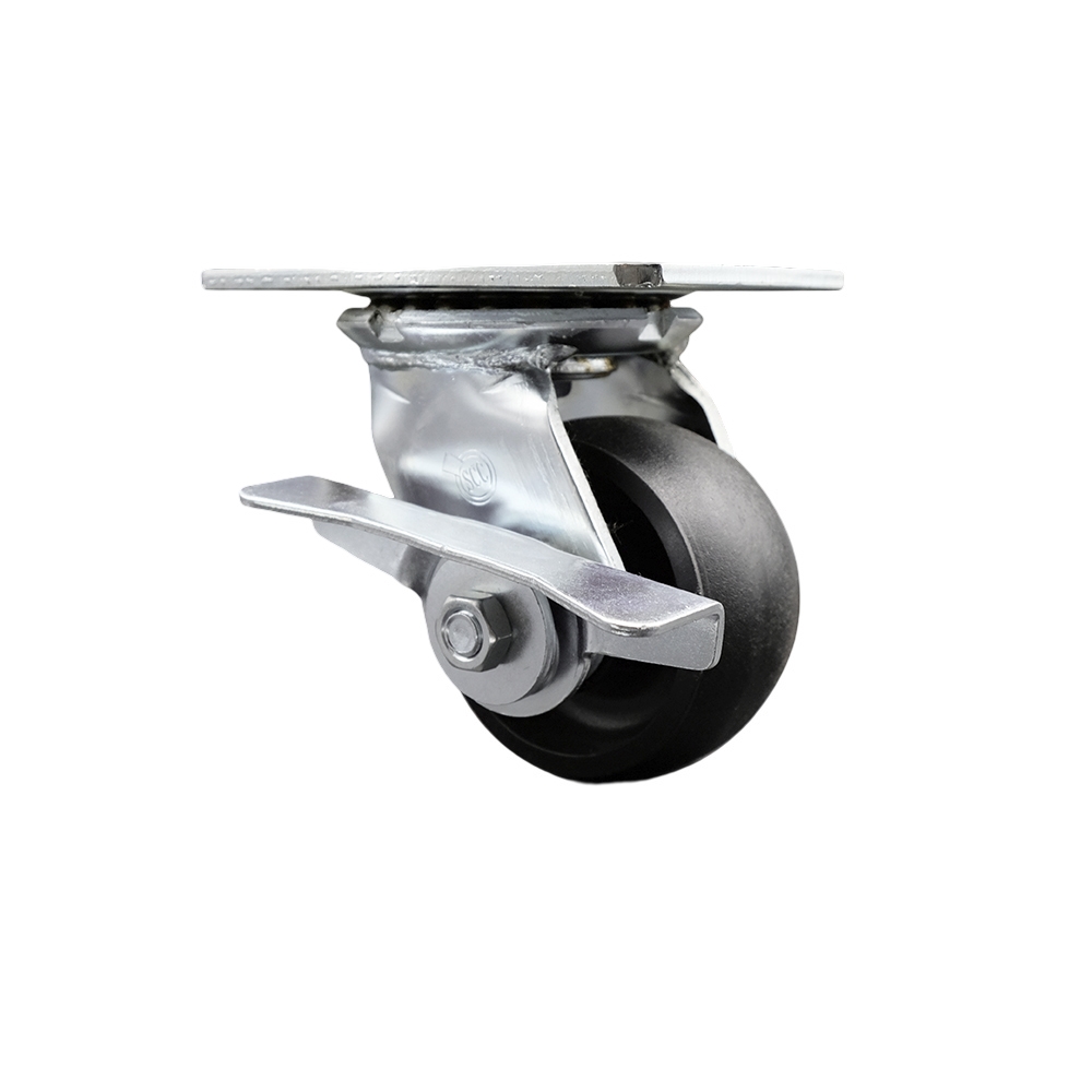 Heavy Duty Large Top Plate Glass Filled Nylon Swivel Caster w/Main. Free Bearings and 4" x 2" Black Wheel & Side Lck Brake - 1200 lbs Capacity/Caster - Service Caster Brand — photo 1