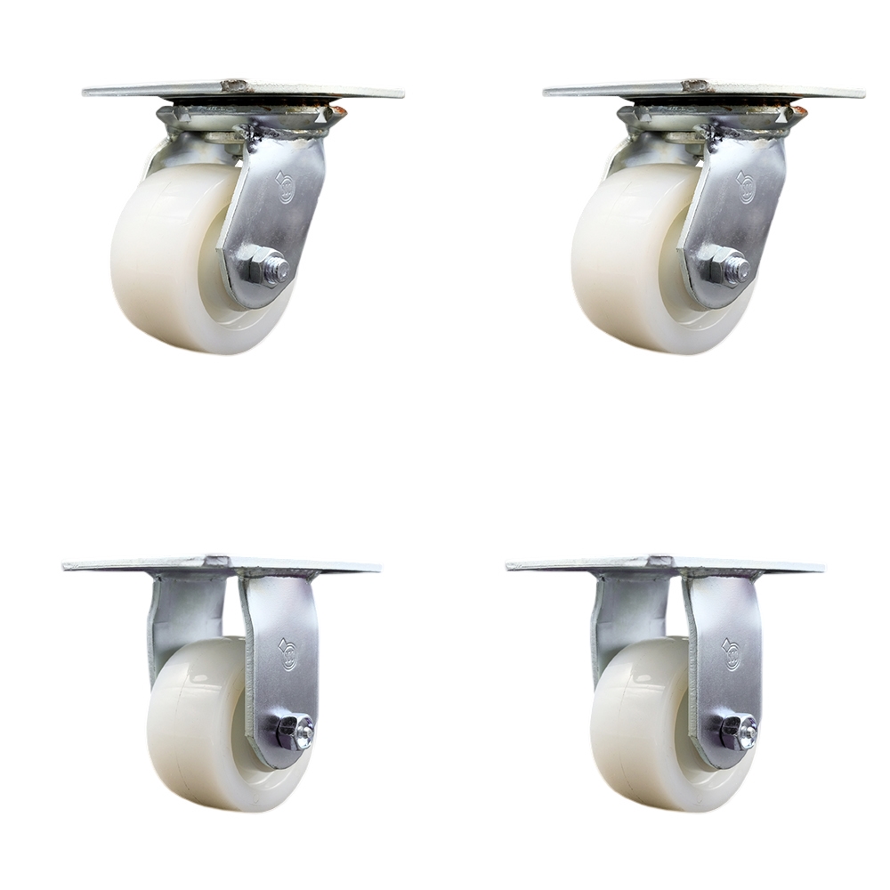 Heavy Duty Large Top Plate Nylon Swivel Caster w/Main. Free Bearings Set of 4 w/4" x 2" White Wheels - Includes 2 Swivel & 2 Rigid - 3200 lbs Total Capacity - Service Caster Brand — photo 1