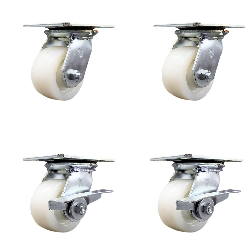 Heavy Duty Large Top Plate Nylon Swivel Caster w/Main. Free Bearings Set of 4 w/4" x 2" White Wheels - Includes 2 Swivel with Brakes & 2 Swivel - 3200 lbs Total Capacity - Service Caster Brand — photo 1
