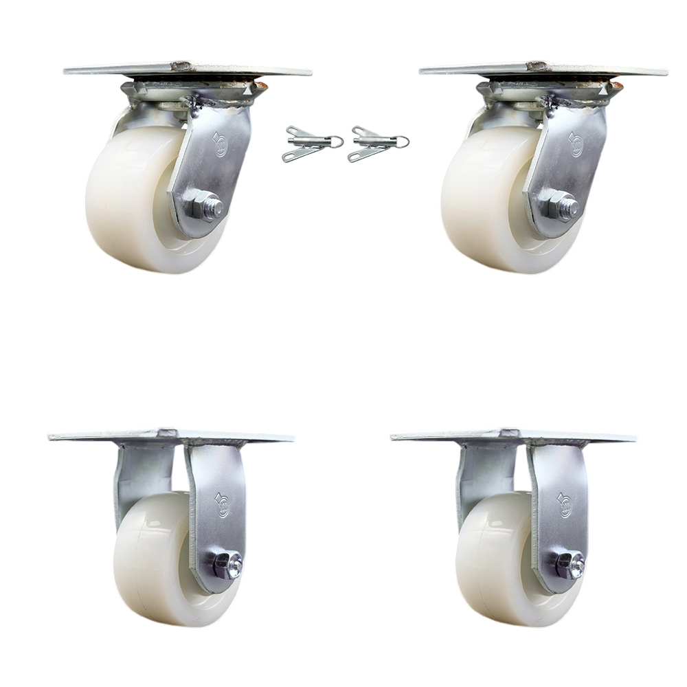 Heavy Duty Large Top Plate Nylon Swivel Caster w/Main. Free Bearings Set of 4 w/4" x 2" White Wheels - Includes 2 Swivel with Bolt on Swivel Locks & 2 Rigid - 3200lbs Total Cpty - Service Caster Brand — photo 1