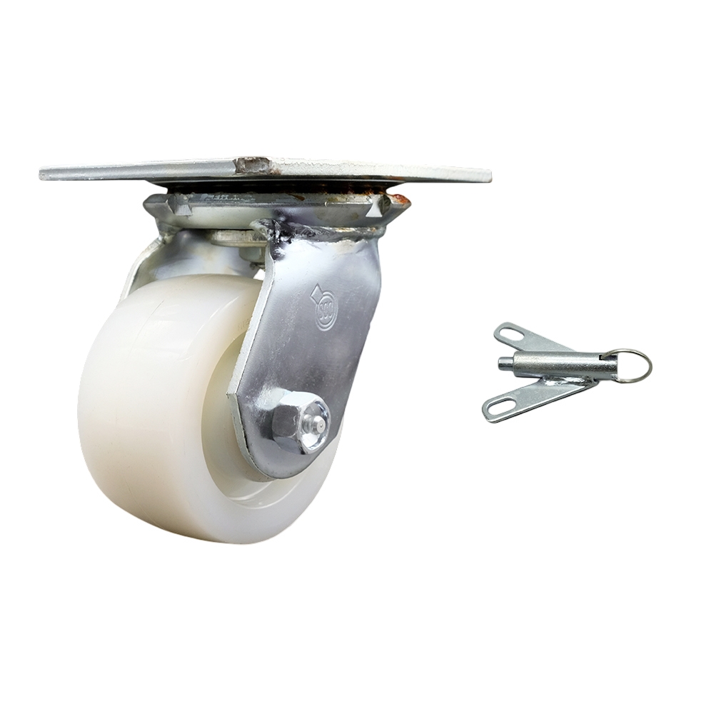 Heavy Duty Large Top Plate Nylon Swivel Caster w/Main. Free Bearings and 4" x 2" White Wheel & Bolt on Swivel Lock - 800 lbs Capacity/Caster - Service Caster Brand — photo 1