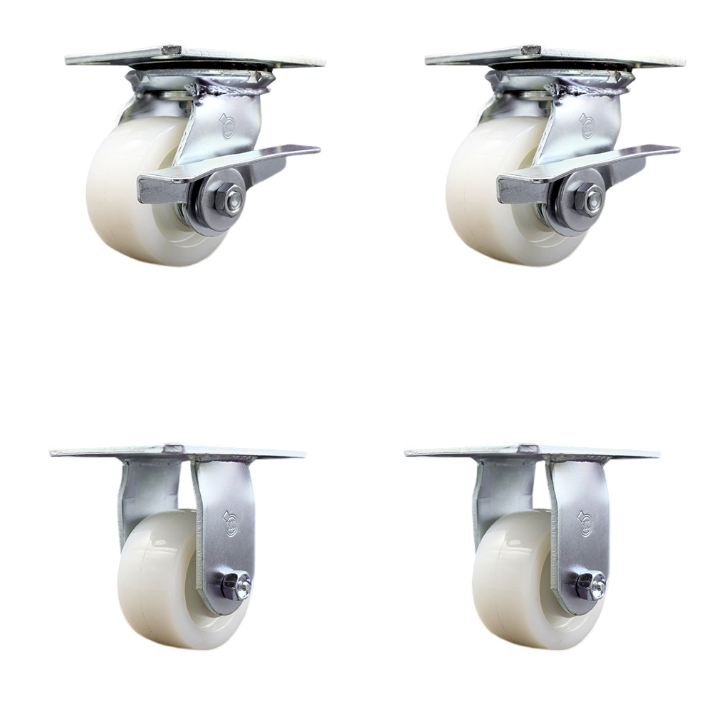 Heavy Duty Large Top Plate Nylon Swivel Caster Set of 4 w/4" x 2" White Wheels - Includes 2 Swivel with Brakes & 2 Rigid - 3200 lbs Total Capacity - Service Caster Brand — photo 1