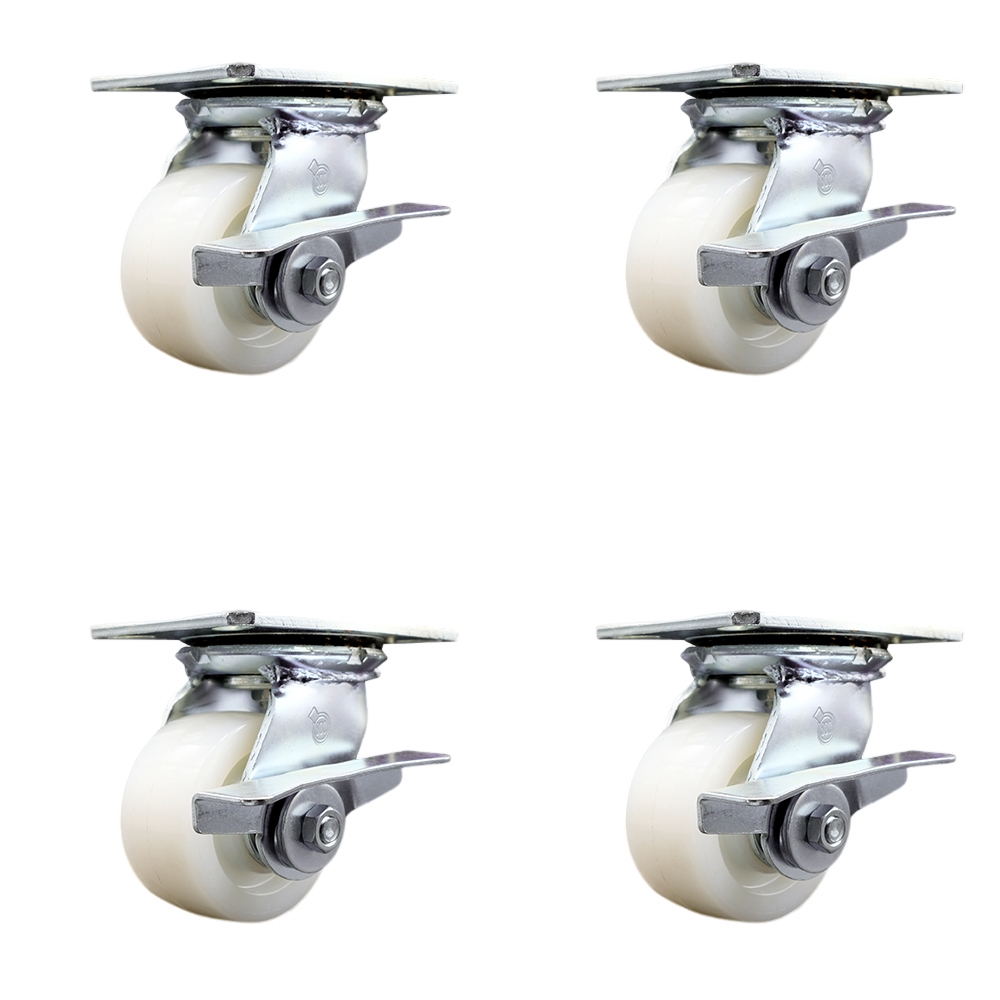 Heavy Duty Large Top Plate Nylon Swivel Caster w/Main. Free Bearings Set of 4 w/4" x 2" White Wheels - Includes 4 Swivel w/Side Lck Brakes - 3200 lbs Total Capacity - Service Caster Brand — photo 1
