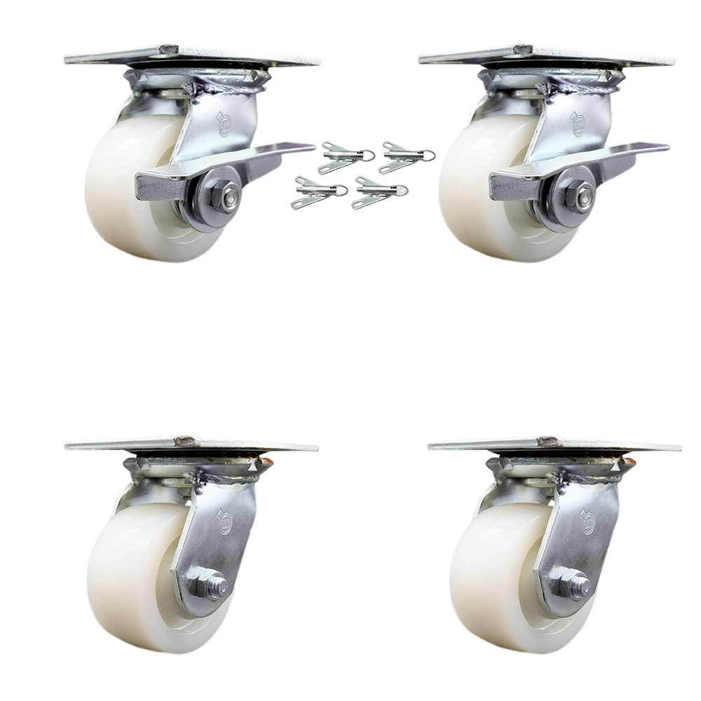 Heavy Duty Large Top Plate Nylon Swivel Caster Set 4 w/4" x 2" White Wheels-Includes 2 Swvl w/Brakes and Bolt on Swvl Lcks& 2 Swvl w/Bolt on Swvl Lcks-3200 lbs Total Cpty- Service Caster Brand — photo 1