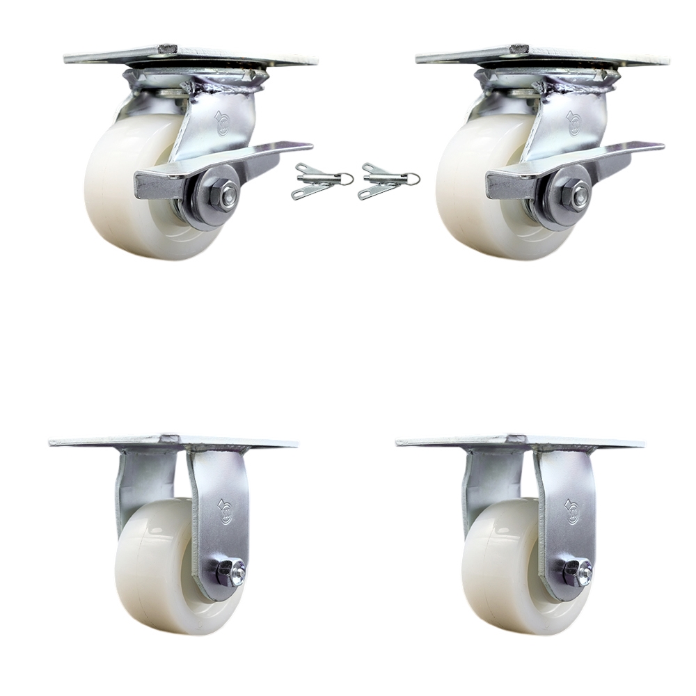 Heavy Duty Large Top Plate Nylon Swivel Caster w/Main. Free Bearings Set of 4 w/4" x 2" White Wheels - Includes 2 Swvl with Brakes and Bolt on Swvl Lcks&2 Rigid-3200lbs Total Cpty-Service Caster Brand — photo 1
