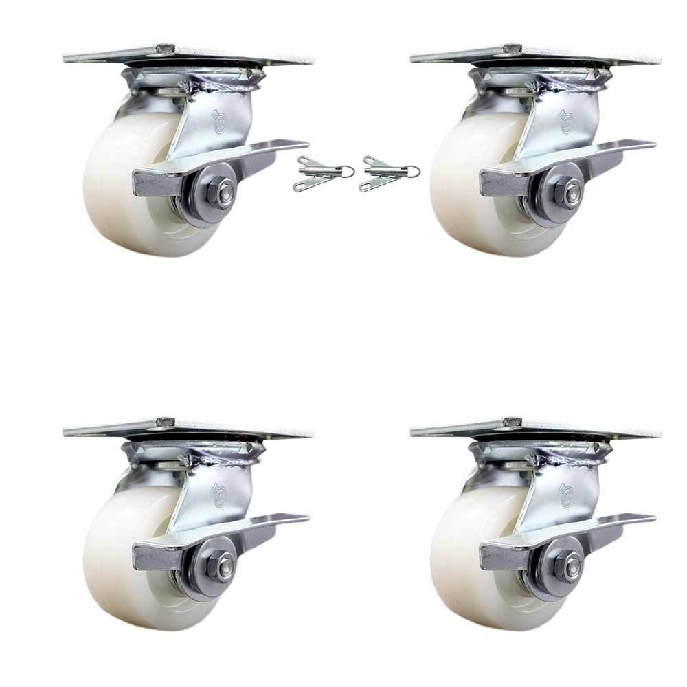 Heavy Duty Large Top Plate Nylon Swivel Caster Set 4 w/4" x 2" White Wheels-Includes 2 Swivel with Brakes and Bolt on Swivel Locks&2 Swivel with Brakes-3200 lbs Total Cpty-Service Caster Brand — photo 1