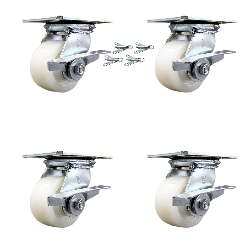 Heavy Duty Large Top Plate Nylon Swivel Caster w/Main. Free Bearings Set of 4 w/4" x 2" White Wheels -Includes 4 Swivel w/Side Lck Brakes&Bolt on Swivel Locks-3200lbs Total Cpty - Service Caster Brand — photo 1