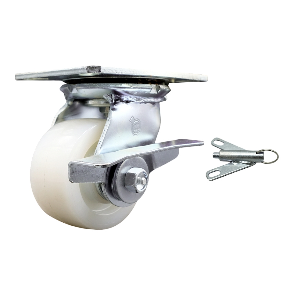 Heavy Duty Large Top Plate Nylon Swivel Caster w/Main. Free Bearings and 4" x 2" White Wheel & Side Lck Brake and Bolt on Swivel Lock - 800 lbs Capacity/Caster - Service Caster Brand — photo 1