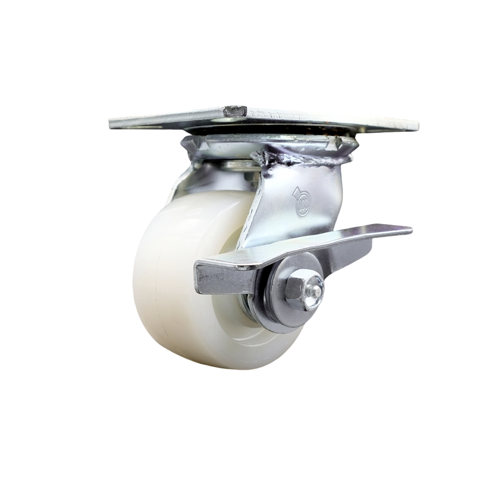 Heavy Duty Large Top Plate Nylon Swivel Caster w/4" x 2" White Wheel & Side Lck Brake - 800 lbs Capacity/Caster - Service Caster Brand — photo 1