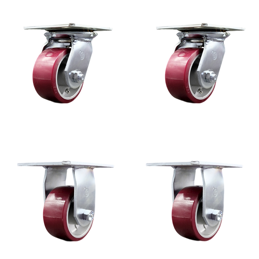Heavy Duty Large Top Plate Polyurethane on Aluminum Swivel Caster Set of 4 w/4" x 2" Maroon Wheels - Includes 2 Swivel & 2 Rigid - 2800 lbs Total Capacity - Service Caster Brand — photo 1