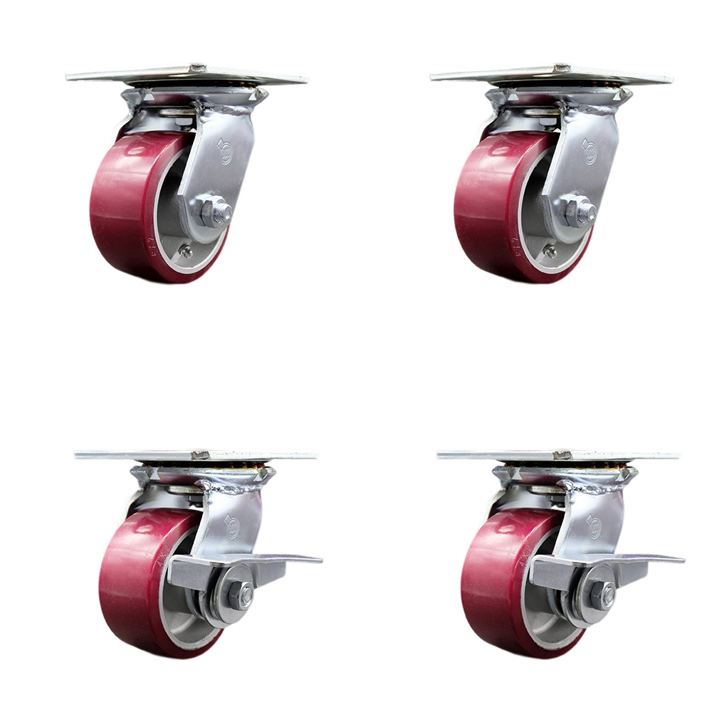 Heavy Duty Large Top Plate Polyurethane on Aluminum Swivel Caster Set of 4 w/4" x 2" Maroon Wheels - Includes 2 Swivel with Brakes & 2 Swivel - 2800 lbs Total Capacity - Service Caster Brand — photo 1