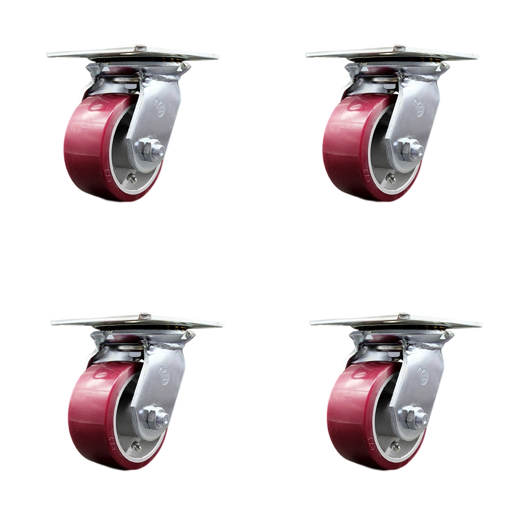 Heavy Duty Large Top Plate Polyurethane on Aluminum Swivel Caster Set of 4 w/4" x 2" Maroon Wheels - Includes 4 Swivel - 2800 lbs Total Capacity - Service Caster Brand — photo 1