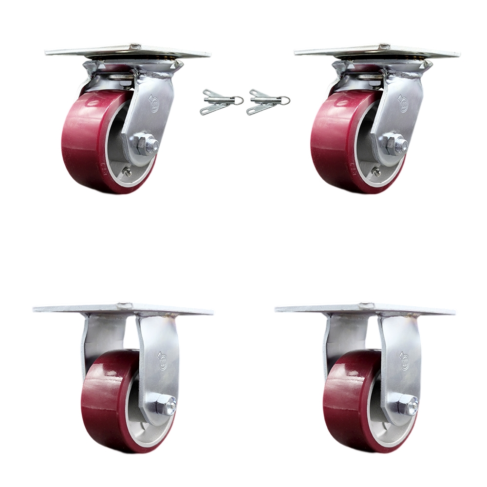 Heavy Duty Large Top Plate Polyurethane on Aluminum Swivel Caster Set of 4 w/4" x 2" Maroon Wheels - Includes 2 Swivel with Bolt on Swivel Locks&2 Rigid - 2800lbs Total Capacity - Service Caster Brand — photo 1