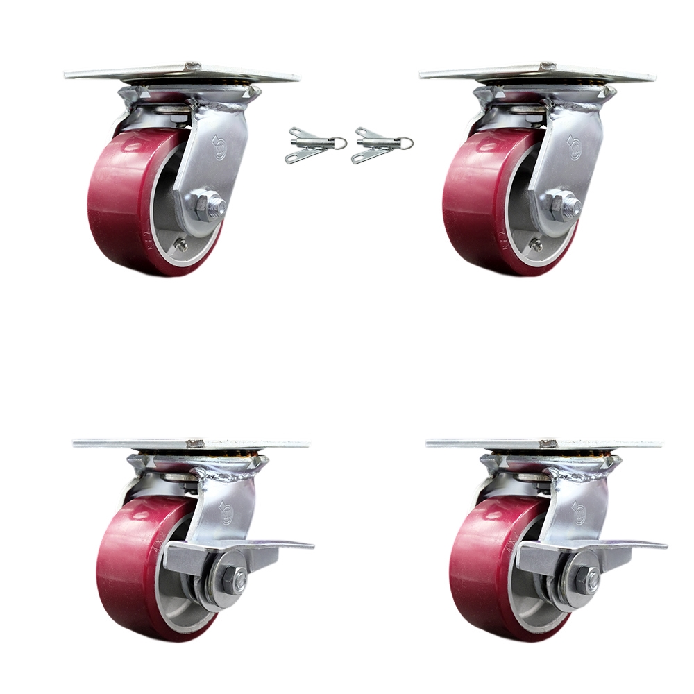 Heavy Duty Large Top Plate Polyurethane on Aluminum Swivel Caster w/Main. Free Bearings Set of 4 w/4" x 2" Maroon Wheels-Includes 2 Swvl with Bolt on Swvl Lcks&2 Swvl with Brake - Service Caster Brand — photo 1