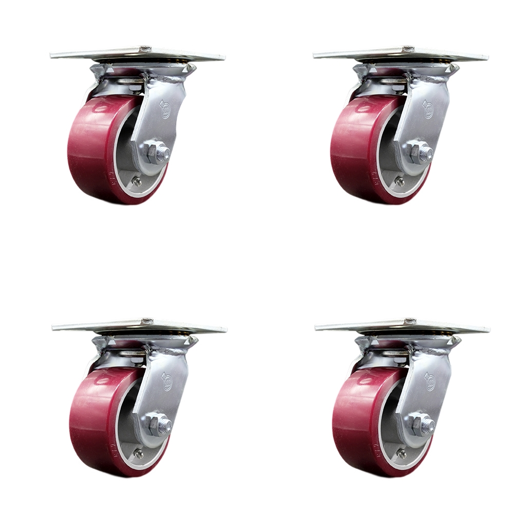 Heavy Duty Large Top Plate Polyurethane on Aluminum Swivel Caster Set of 4 w/4" x 2" Maroon Wheels - Includes 4 Swivel w/Bolt on Swivel Locks - 2800 lbs Total Capacity - Service Caster Brand — photo 1