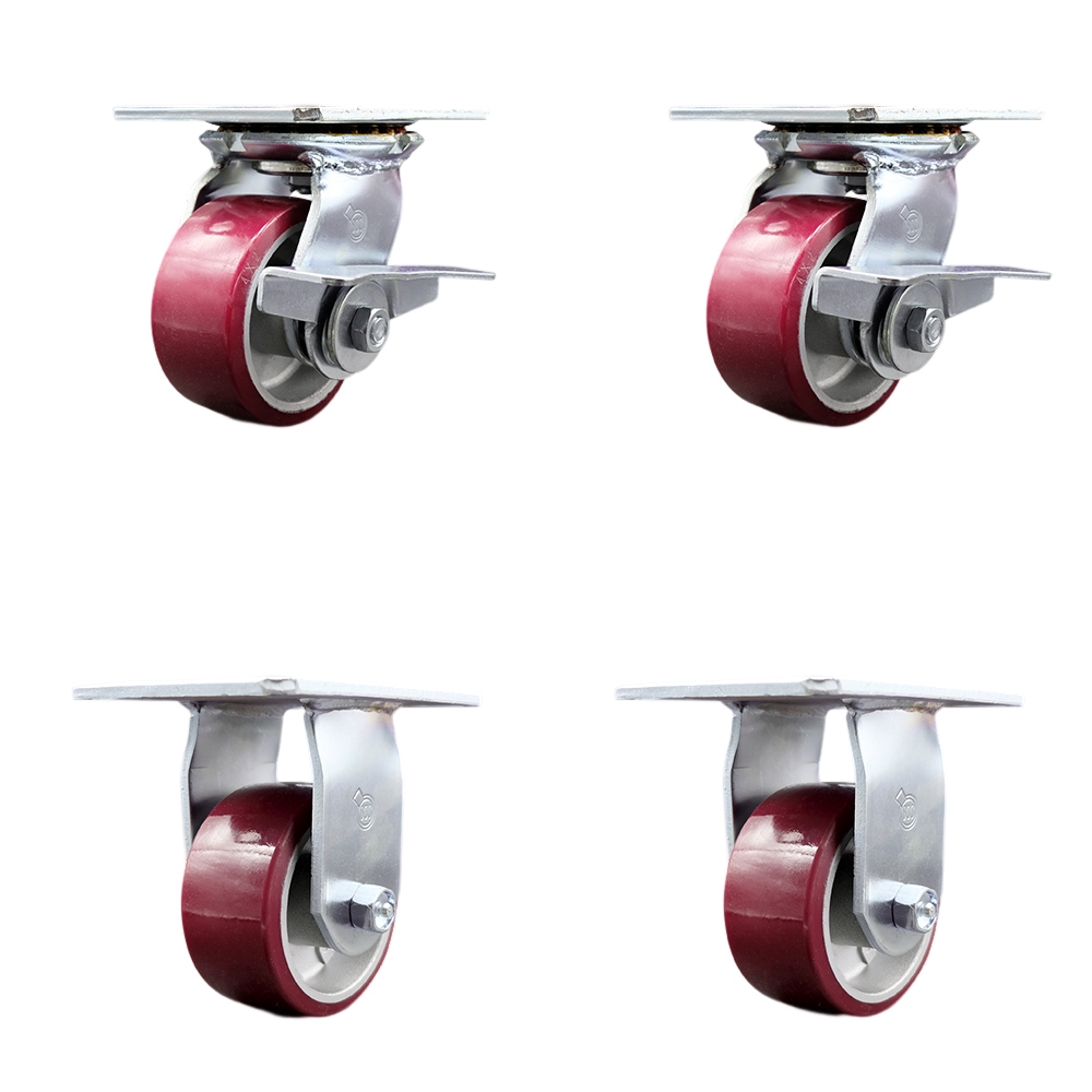 Heavy Duty Large Top Plate Polyurethane on Aluminum Swivel Caster Set of 4 w/4" x 2" Maroon Wheels - Includes 2 Swivel with Brakes & 2 Rigid - 2800 lbs Total Capacity - Service Caster Brand — photo 1
