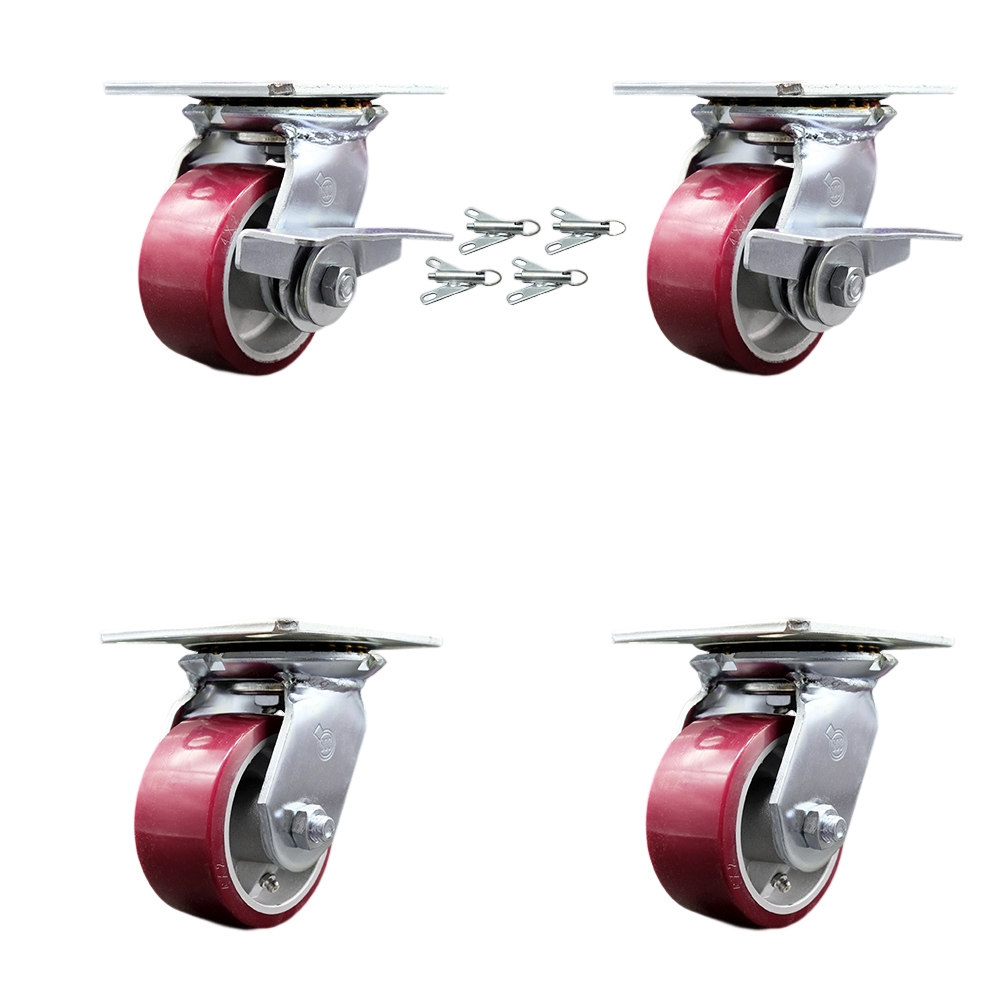 Heavy Duty Large Top Plate Poly on Aluminum Swvl Caster Set 4 w/4" x 2" Maroon Wheels-Includes 2 Swvl w/BRKs and Bolt on Swvl Lcks&2 Swvl w/Bolt on Swvl Lcks-2800 lbs Total Cpty - Service Caster Brand — photo 1