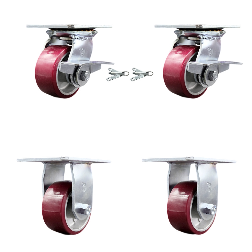 Heavy Duty Large Top Plate Polyurethane on Aluminum Swivel Caster w/Main. Free Bearings Set of 4 w/4" x 2" Maroon Wheel-Includes 2 Swvl with Brakes and Bolt on Swvl Lcks&2 Rigid - Service Caster Brand — photo 1