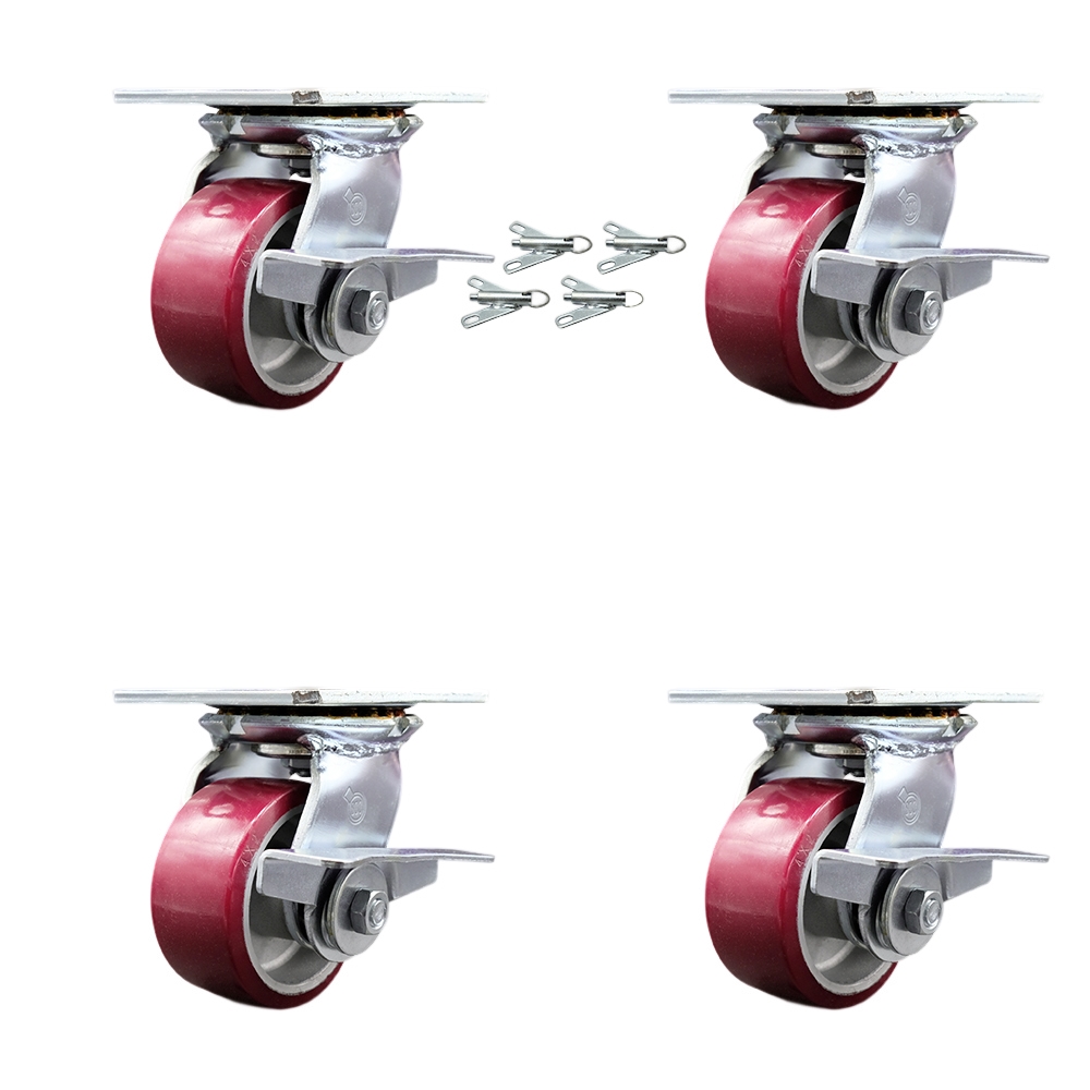 Heavy Duty Large Top Plate Polyurethane on Aluminum Swivel Caster w/Main. Free Bearings Set of 4 w/4" x 2" Maroon Wheels-Includes 4 Swivel w/Side Lck Brakes&Bolt on Swivel Locks - Service Caster Brand — photo 1