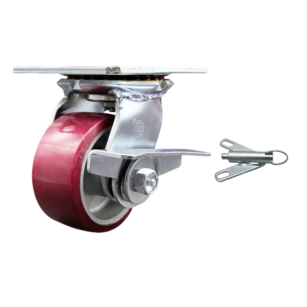 Heavy Duty Large Top Plate Polyurethane on Aluminum Swivel Caster w/Main. Free Bearings and 4" x 2" Maroon Wheel & Side Lck Brake and Bolt on Swivel Lock-700 lbs Capacity/Caster - Service Caster Brand — photo 1