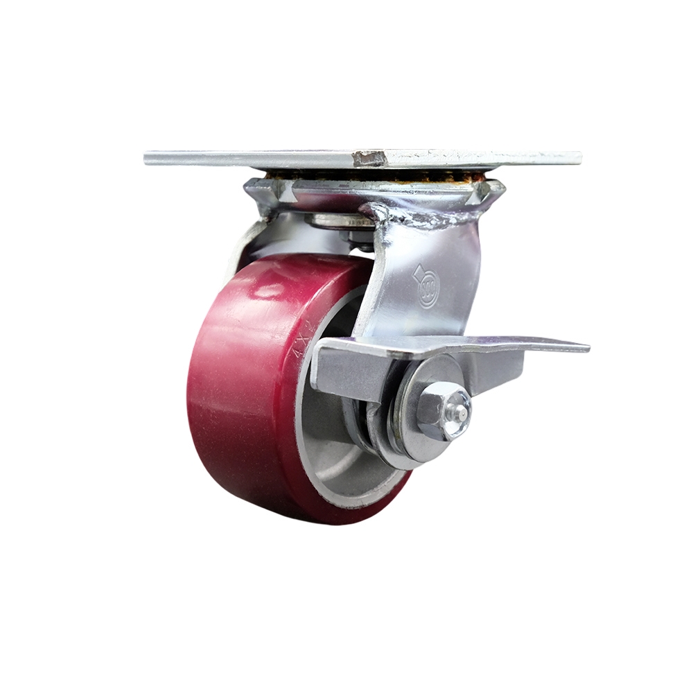 Heavy Duty Large Top Plate Polyurethane on Aluminum Swivel Caster w/4" x 2" Maroon Wheel & Side Lck Brake - 700 lbs Capacity/Caster - Service Caster Brand — photo 1
