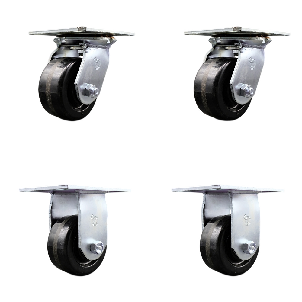 Heavy Duty Large Top Plate Phenolic Swivel Caster Set of 4 w/4" x 2" Black Wheels - Includes 2 Swivel & 2 Rigid - 3200 lbs Total Capacity - Service Caster Brand — photo 1