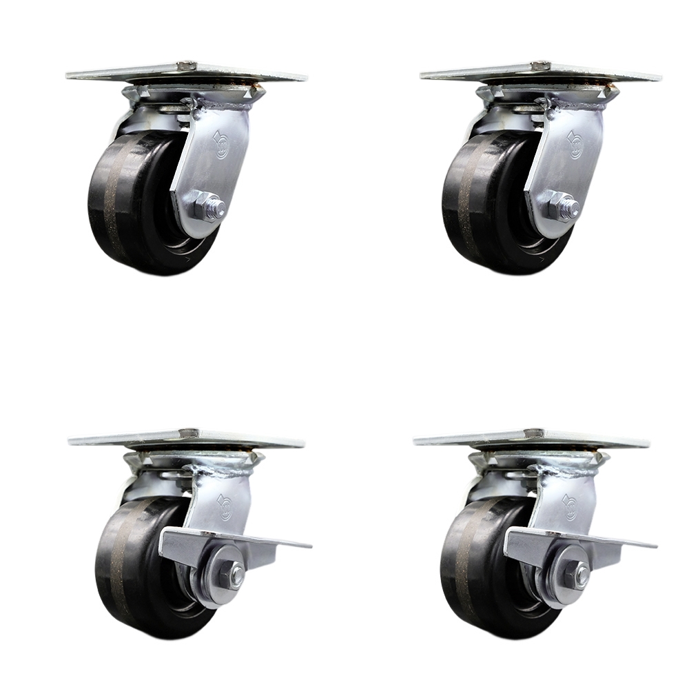 Heavy Duty Large Top Plate Phenolic Swivel Caster w/Main. Free Bearings Set of4 w/4" x 2" Black Wheels - Includes 2 Swivel with Brakes & 2 Swivel - 3200 lbs Total Capacity - Service Caster Brand — photo 1