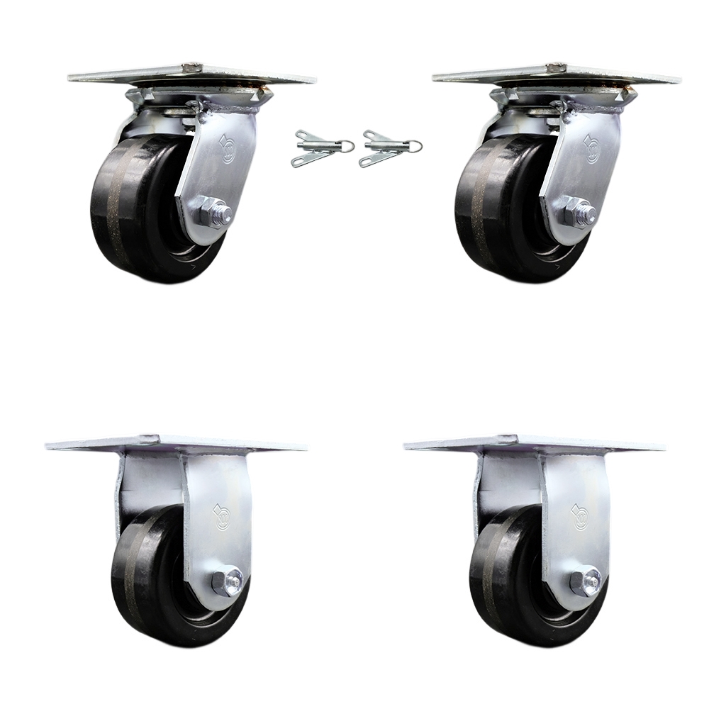 Heavy Duty Large Top Plate Phenolic Swivel Caster Set of 4 w/4" x 2" Black Wheels - Includes 2 Swivel with Bolt on Swivel Locks & 2 Rigid - 3200 lbs Total Capacity - Service Caster Brand — photo 1