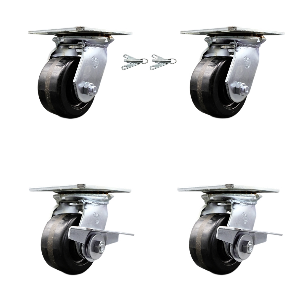 Heavy Duty Large Top Plate Phenolic Swivel Caster w/Main. Free Bearings Set of 4 w/4" x 2" Black Wheels - Includes 2 Swivel with Bolt on Swivel Locks & 2 Swivel with Brakes - Service Caster Brand — photo 1