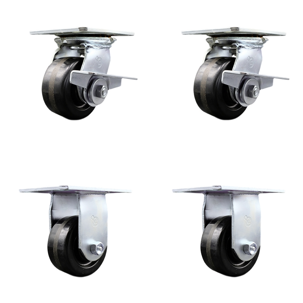 Heavy Duty Large Top Plate Phenolic Swivel Caster Set of 4 w/4" x 2" Black Wheels - Includes 2 Swivel with Brakes & 2 Rigid - 3200 lbs Total Capacity - Service Caster Brand — photo 1