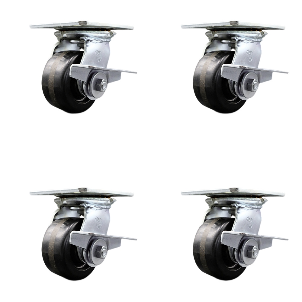 Heavy Duty Large Top Plate Phenolic Swivel Caster w/Main. Free Bearings Set of4 w/4" x 2" Black Wheels - Includes 4 Swivel w/Side Lck Brakes - 3200 lbs Total Capacity - Service Caster Brand — photo 1