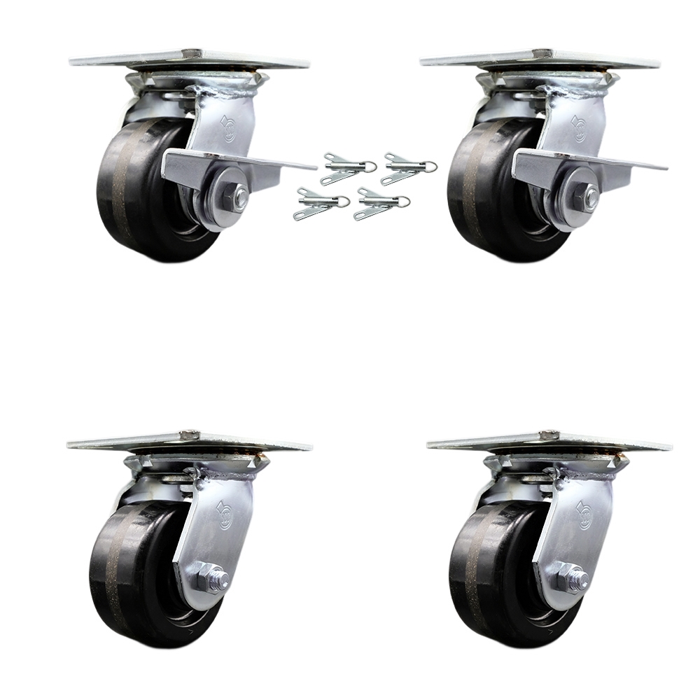 Heavy Duty Large Top Plate Phenolic Swivel Caster w/Main. Free Bearings Set 4 w/4" x 2" Black Wheels-Includes 2 Swvl w/Brakes and Bolt on Swvl Lcks & 2 Swvl w/Bolt on Swvl Lcks - Service Caster Brand — photo 1