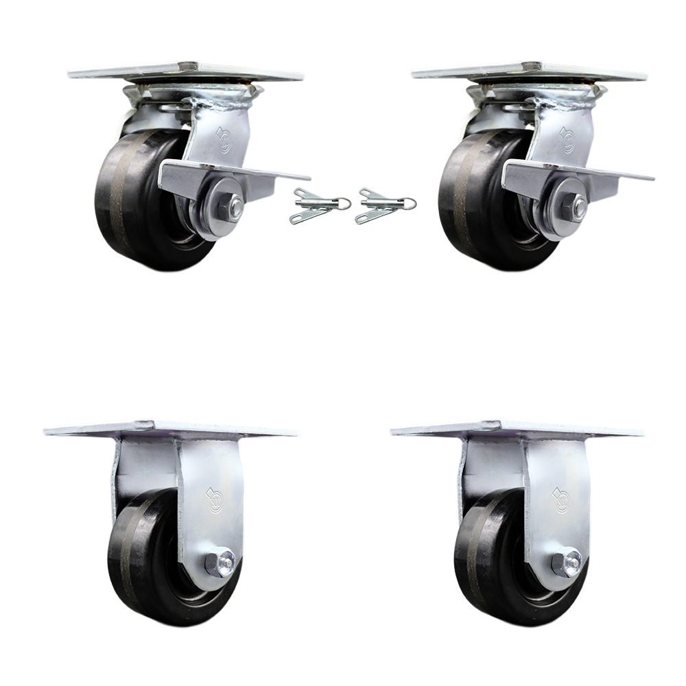 Heavy Duty Large Top Plate Phenolic Swivel Caster w/Main. Free Bearings Set of 4 w/4" x 2" Black Wheels - Includes 2 Swivel with Brakes and Bolt on Swivel Locks & 2 Rigid - Service Caster Brand — photo 1
