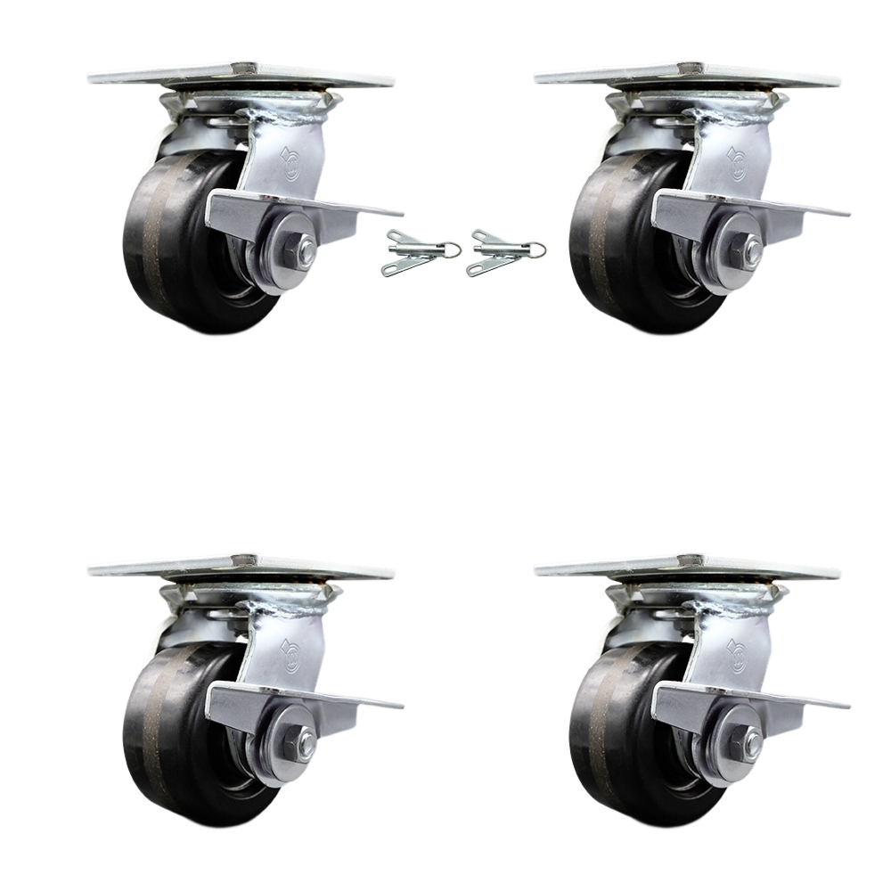 Heavy Duty Large Top Plate Phenolic Swivel Caster w/Main. Free Bearings Set 4 w/4" x 2" Black Wheels-Includes 2 Swivel with Brakes and Bolt on Swivel Locks&2 Swivel with Brakes - Service Caster Brand — photo 1