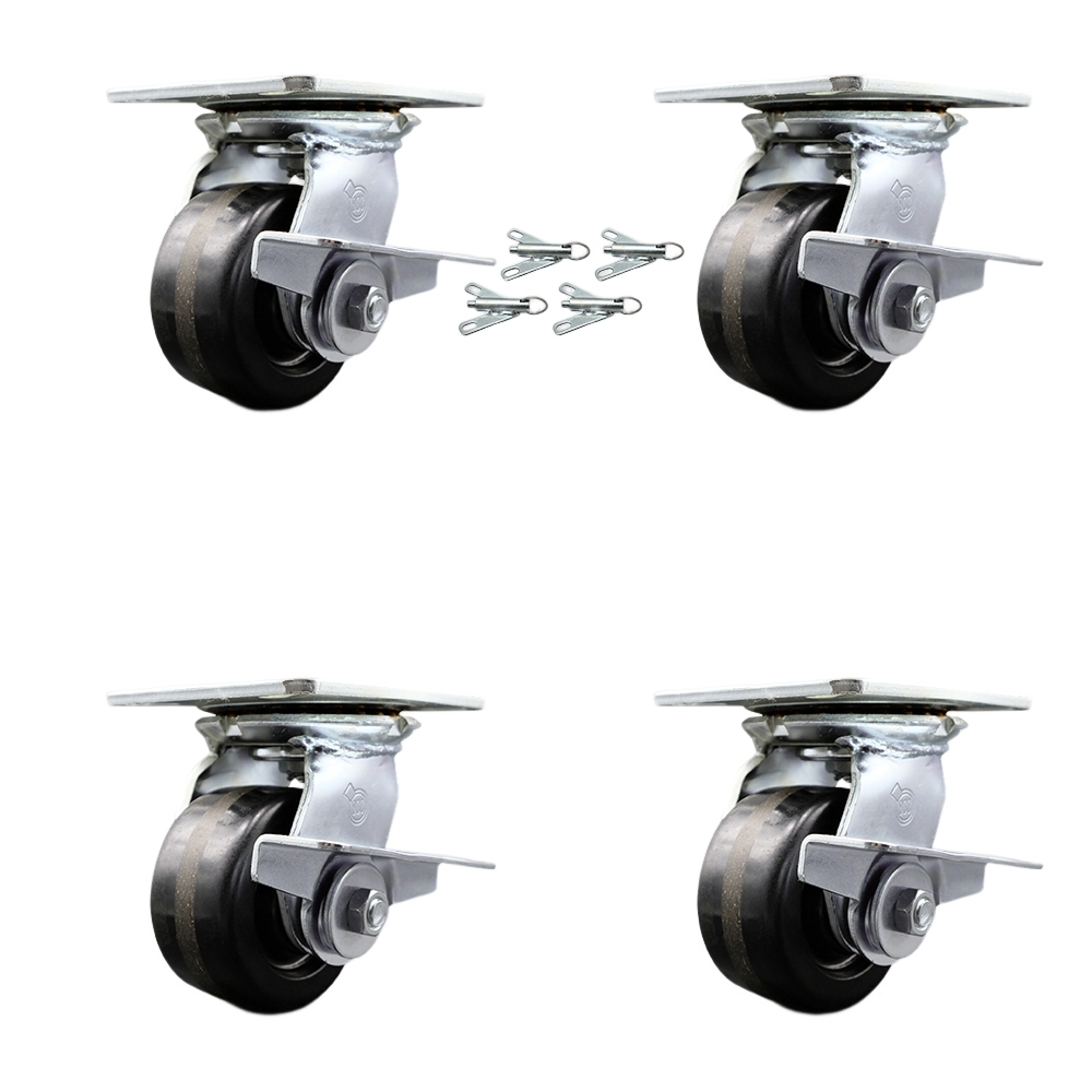 Heavy Duty Large Top Plate Phenolic Swivel Caster w/Main. Free Bearings Set of 4 w/4" x 2" Black Wheels - Includes 4 Swivel w/Side Lock Brakes & Bolt on Swivel Locks - Service Caster Brand — photo 1