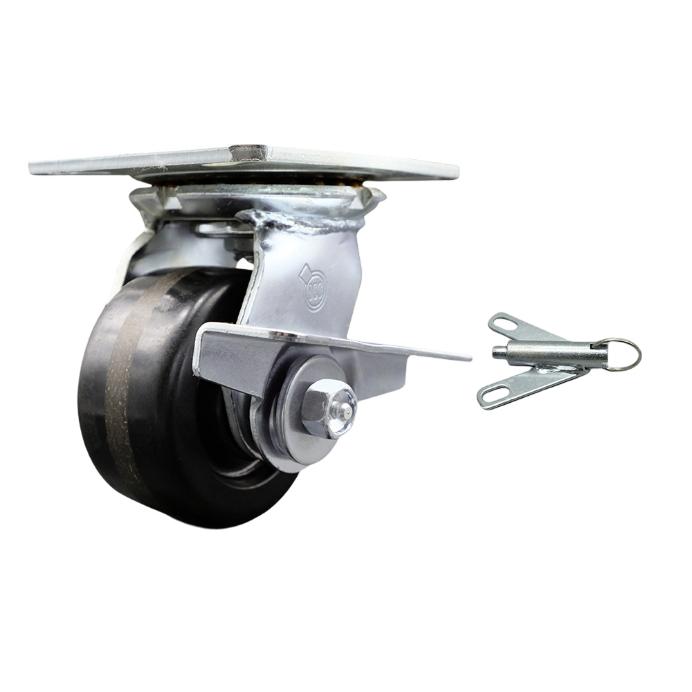 Heavy Duty Large Top Plate Phenolic Swivel Caster w/4" x 2" Black Wheel & Side Lck Brake and Bolt on Swivel Lock - 800 lbs Capacity/Caster - Service Caster Brand — photo 1
