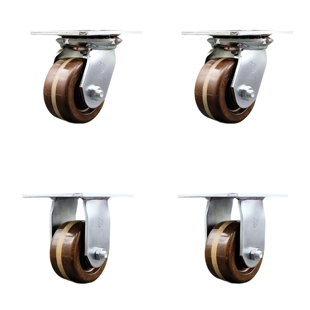 Heavy Duty Large Top Plate High Temperature Phenolic Swivel Caster Set of 4 w/4" x 2" Brown Wheels - Includes 2 Swivel & 2 Rigid - 3200 lbs Total Capacity - Service Caster Brand — photo 1