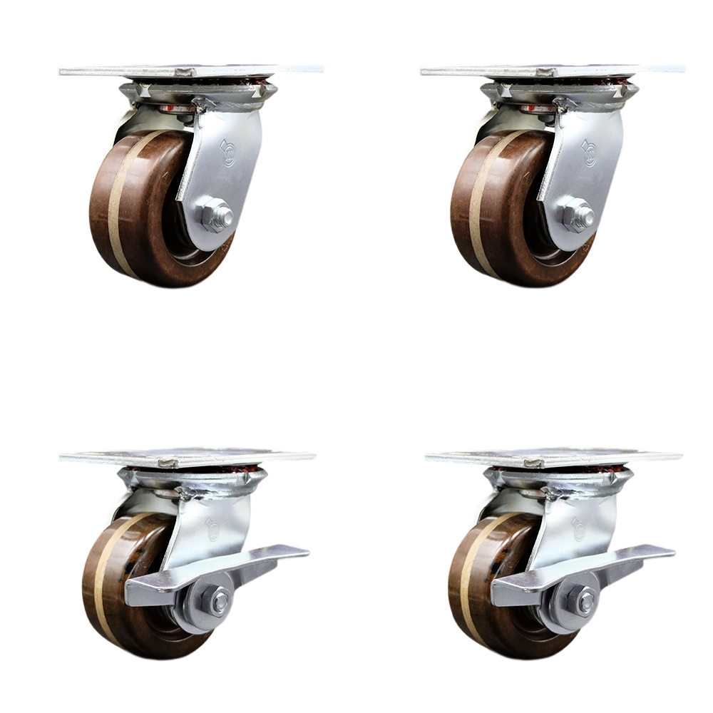 Heavy Duty Large Top Plate High Temperature Phenolic Swivel Caster Set of 4 w/4" x 2" Brown Wheels - Includes 2 Swivel with Brakes & 2 Swivel - 3200 lbs Total Capacity - Service Caster Brand — photo 1