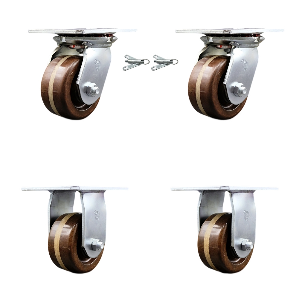 Heavy Duty Large Top Plate High Temperature Phenolic Swivel Caster Set of 4 w/4" x 2" Brown Wheels - Includes 2 Swivel with Bolt on Swivel Locks & 2 Rigid-3200lbs Total Capacity - Service Caster Brand — photo 1