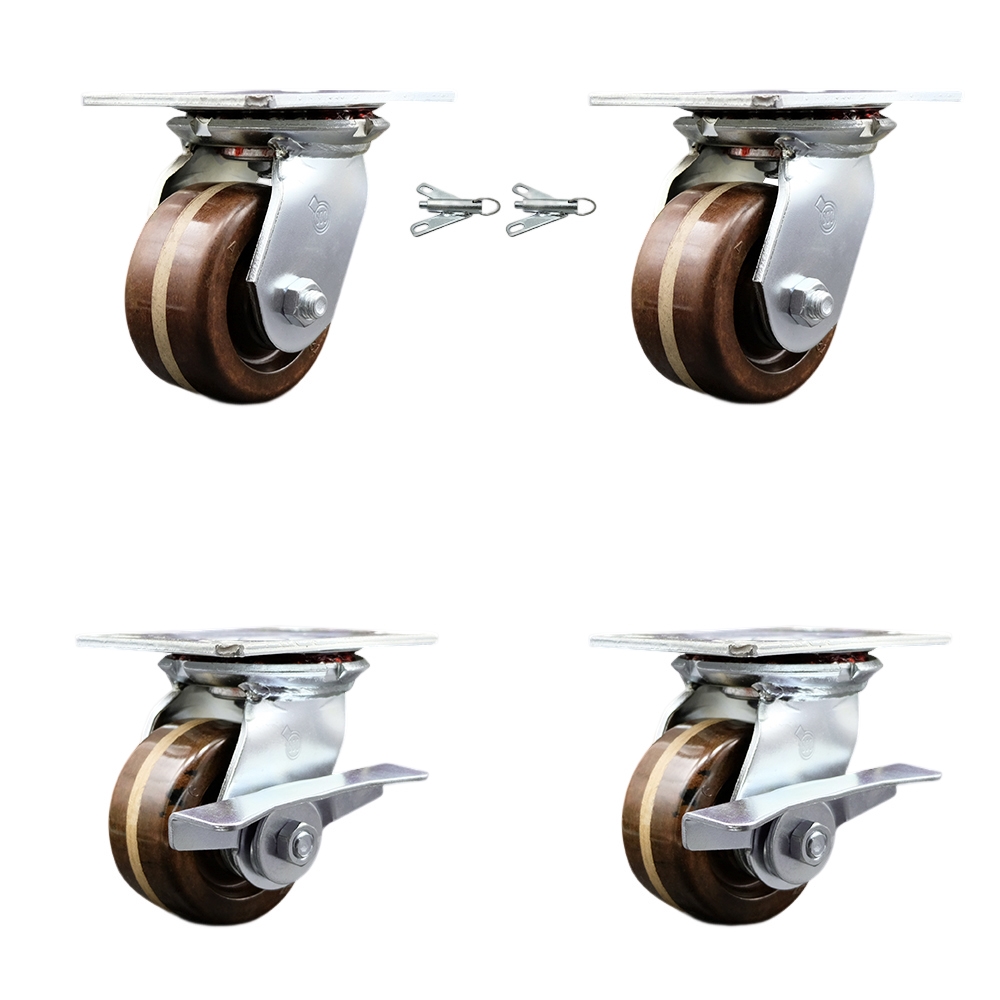 Heavy Duty Large Top Plate High Temperature Phenolic Swivel Caster Set of 4 w/4" x 2" Brown Wheels-Includes 2 Swivel with Bolt on Swvl Lcks&2 Swvl with Brakes-3200lbs Total Cpty - Service Caster Brand — photo 1