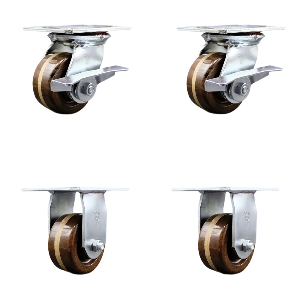 Heavy Duty Large Top Plate High Temperature Phenolic Swivel Caster Set of 4 w/4" x 2" Brown Wheels - Includes 2 Swivel with Brakes & 2 Rigid - 3200 lbs Total Capacity - Service Caster Brand — photo 1