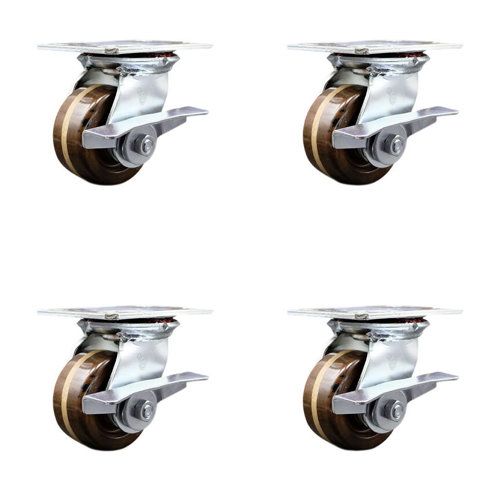 Heavy Duty Large Top Plate High Temperature Phenolic Swivel Caster Set of 4 w/4" x 2" Brown Wheels - Includes 4 Swivel w/Side Lck Brakes - 3200 lbs Total Capacity - Service Caster Brand — photo 1