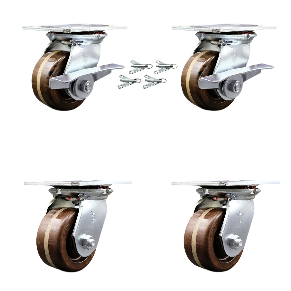 Heavy Duty Large Top Plate High Temp Phenolic Swvl Caster Set 4 w/4" x 2" Brown Wheels-Includes 2 Swvl w/BRKs and Bolt on Swvl Lcks& 2 Swvl w/Bolt on Swvl Lcks-3200lbs Total Cpty- Service Caster Brand — photo 1